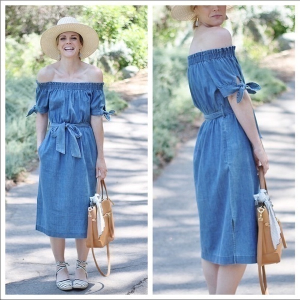 💋 J. Crew off shoulder denim midi dress